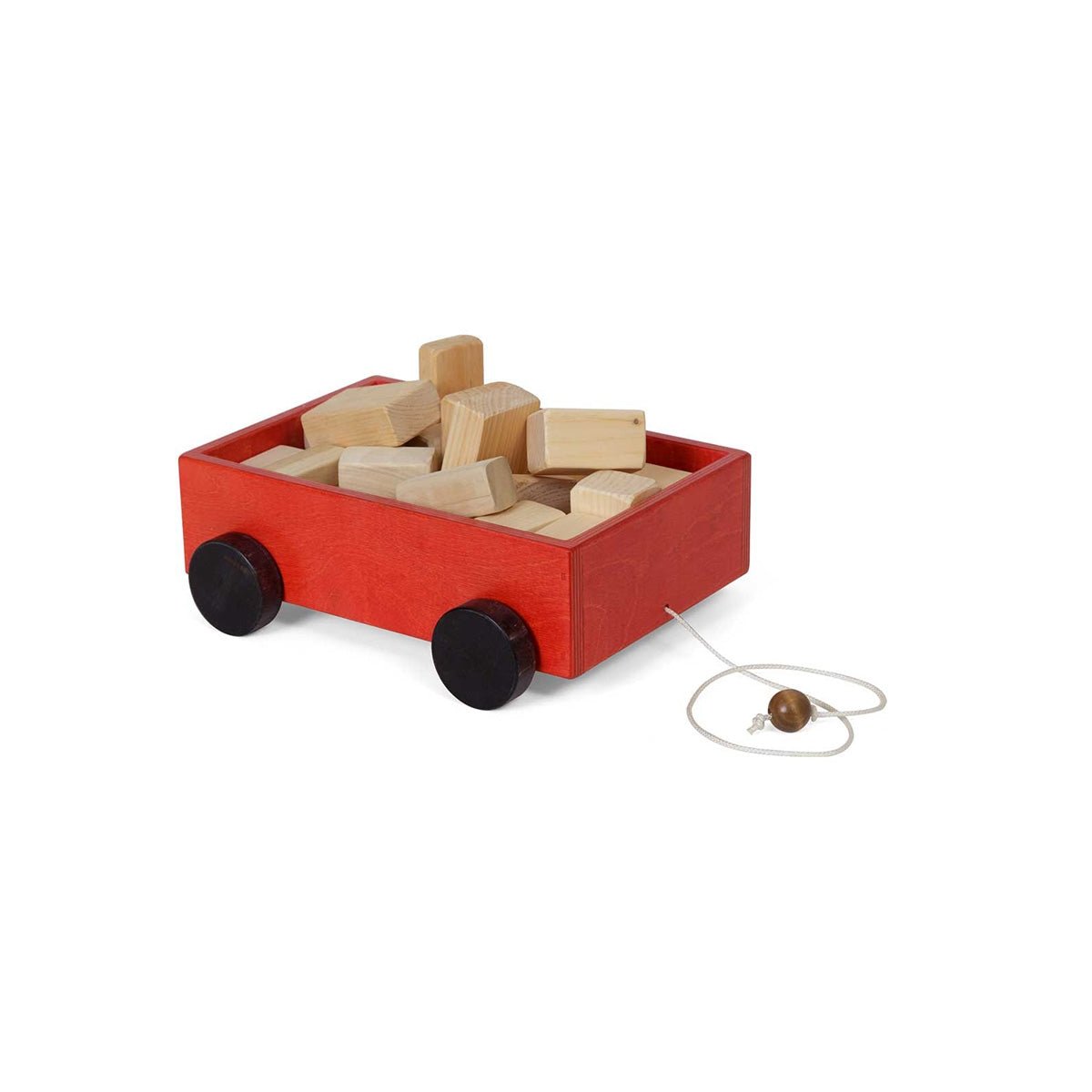 Red painted wooden pull wagon filled with natural wood building blocks, with black wheels and a pull cord