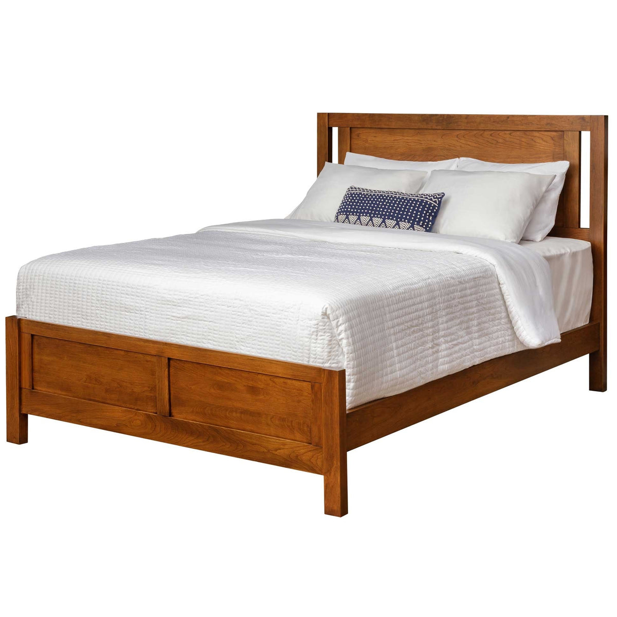 Open panel bed with a wide headboard panel, low paneled footboard and squared posts in a warm chestnut finish