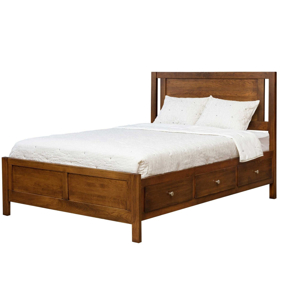 Open panel storage bed with three footboard drawers, a paneled headboard and warm brown finish on white
