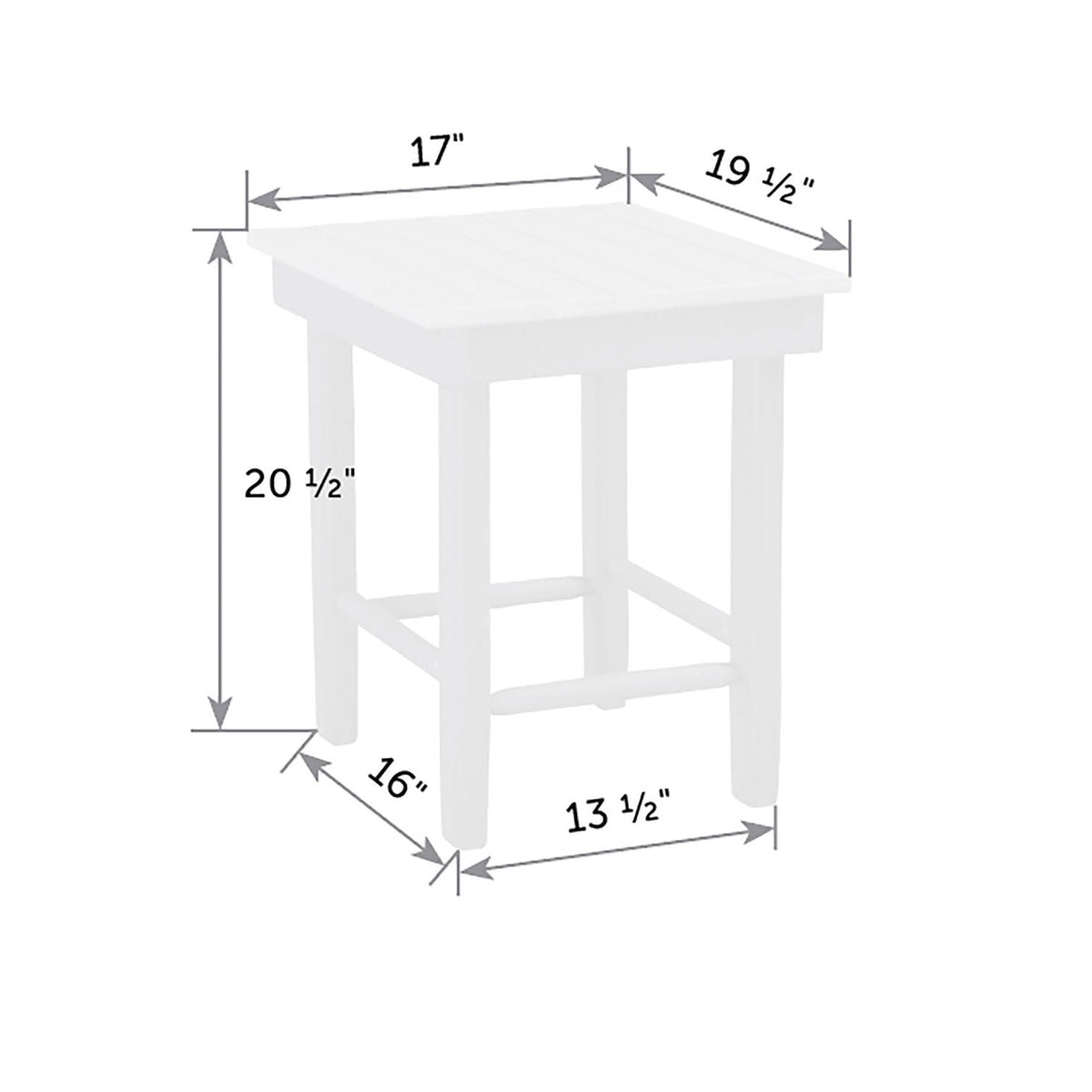 Dimension diagram of the side table: 17 inches wide, 19.5 inches deep and 20.5 inches tall with a 13.5 inch leg span