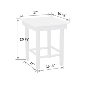 Dimension diagram of the side table: 17 inches wide, 19.5 inches deep and 20.5 inches tall with a 13.5 inch leg span