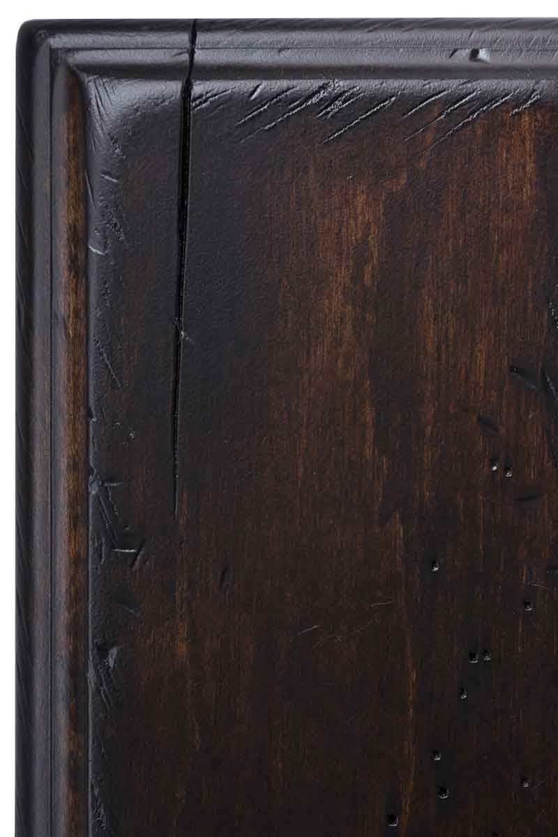 Antiquated Briar on brown maple, a deep espresso brown sample panel with black distress marks, worm holes and a small check