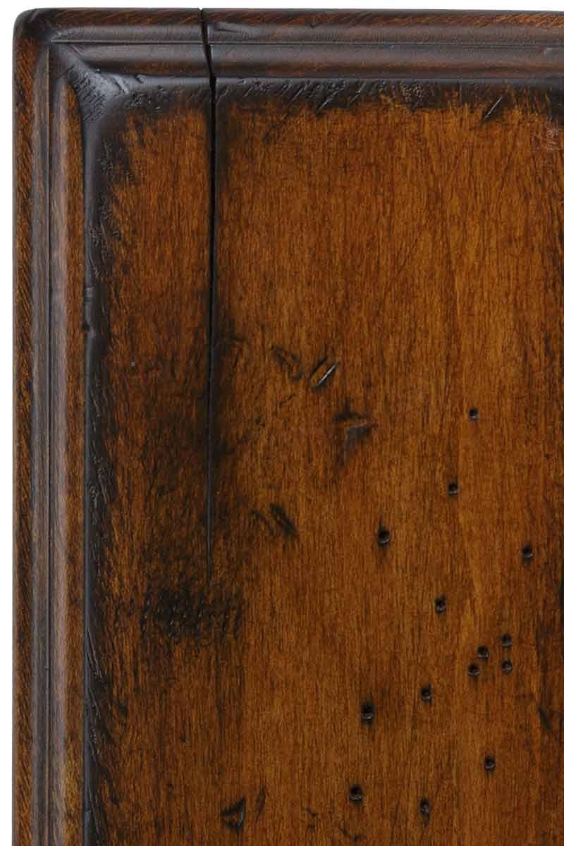 Antiquated Harvest on brown maple, a rich amber-brown sample panel with dark glazed edges, worm holes and a fine center check