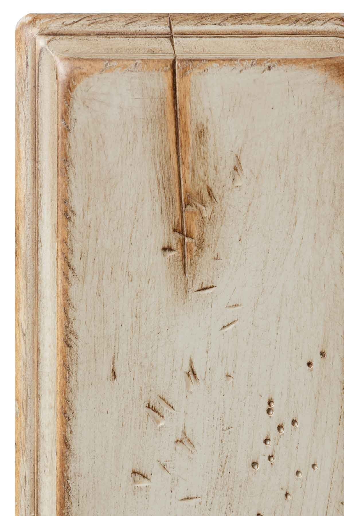 Antiquated Metro Gray on brown maple, a creamy greige painted sample with sanded wear, chisel dents and punched worm holes