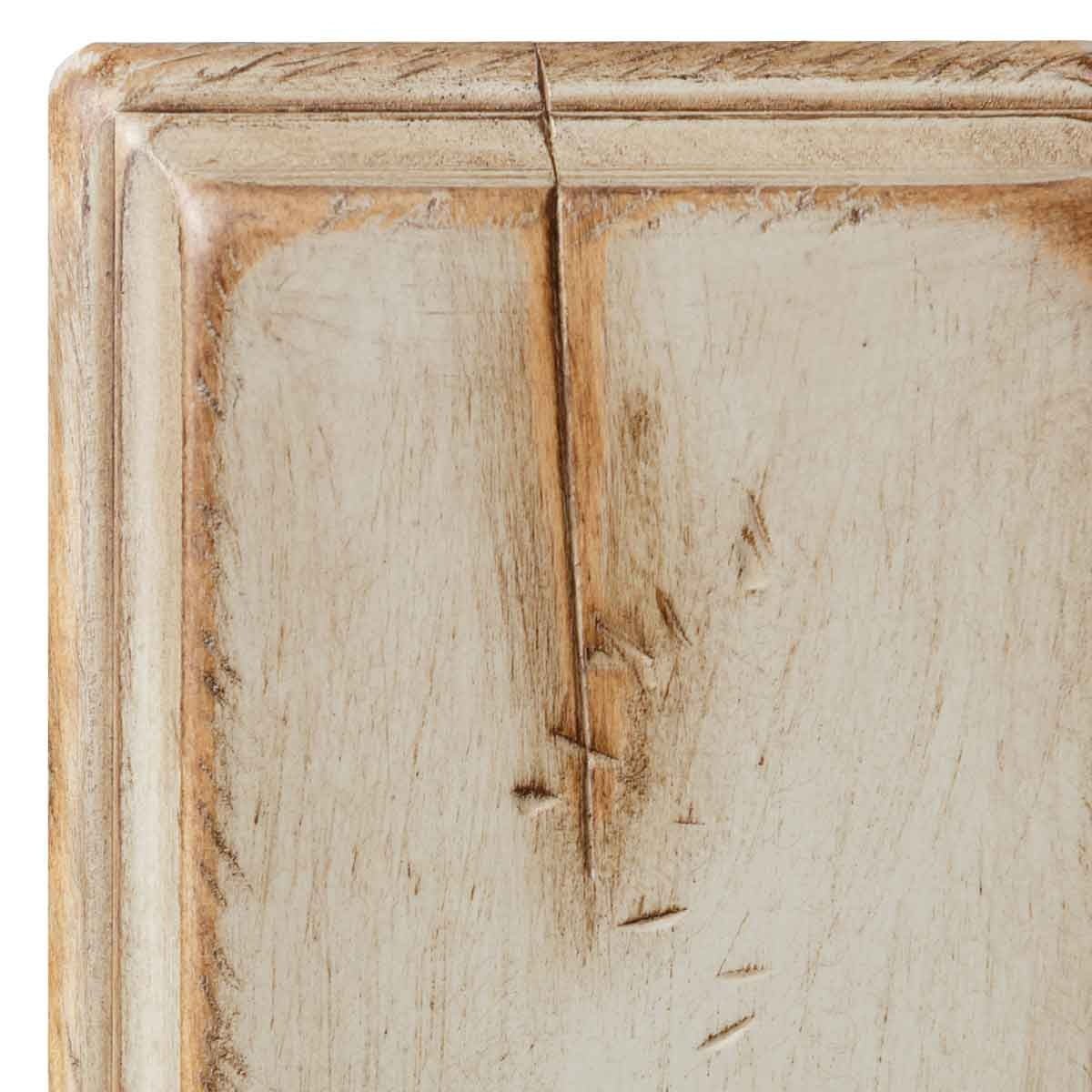 Metro Gray antiqued swatch close-up, creamy off-white paint over maple with worn tan edges and chiseled distress marks