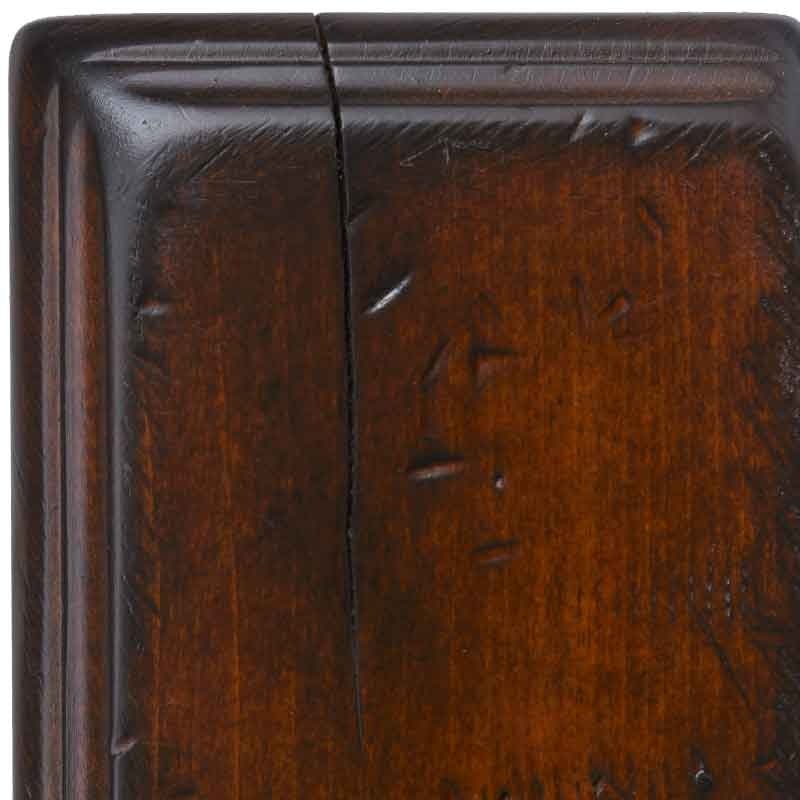 Antiquated Mission Maple finish, a deep reddish-brown maple sample with dark worn edges, worm holes and scattered dents