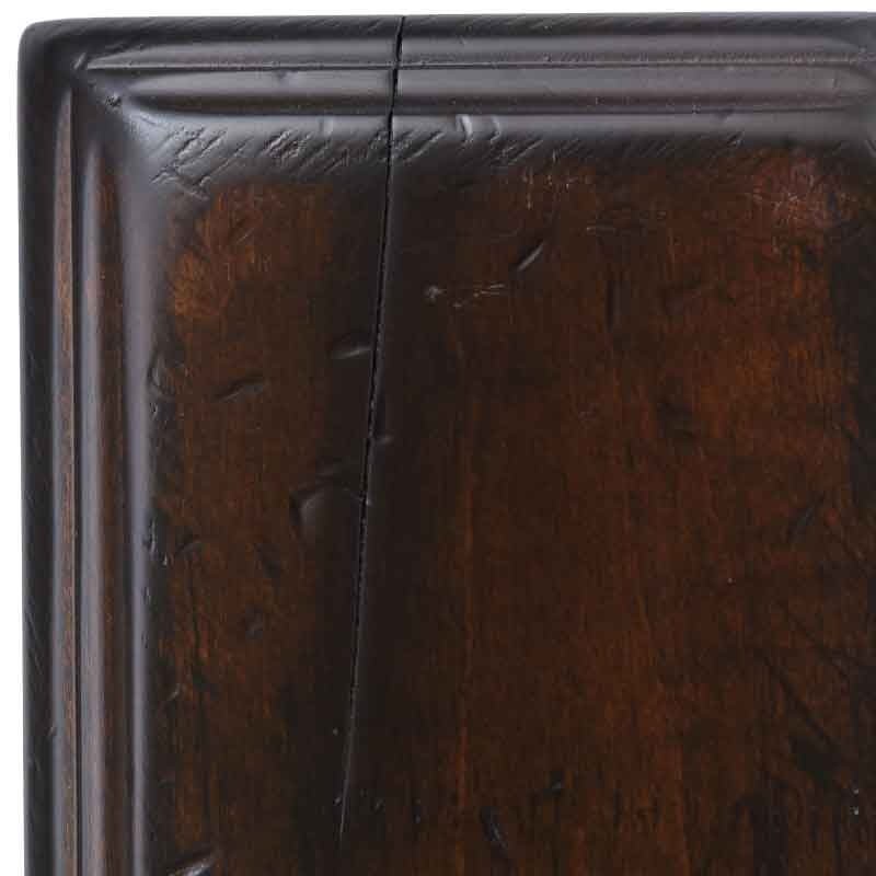 Rich Tobacco antiqued maple sample corner, deep brown finish with satin sheen and hand-chiseled nicks along the molding