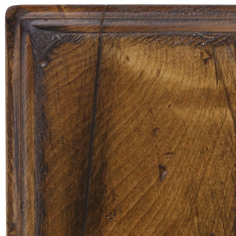 S-14 antiqued maple swatch detail, warm ochre-brown stain with dark scratch marks and a distressed molded corner