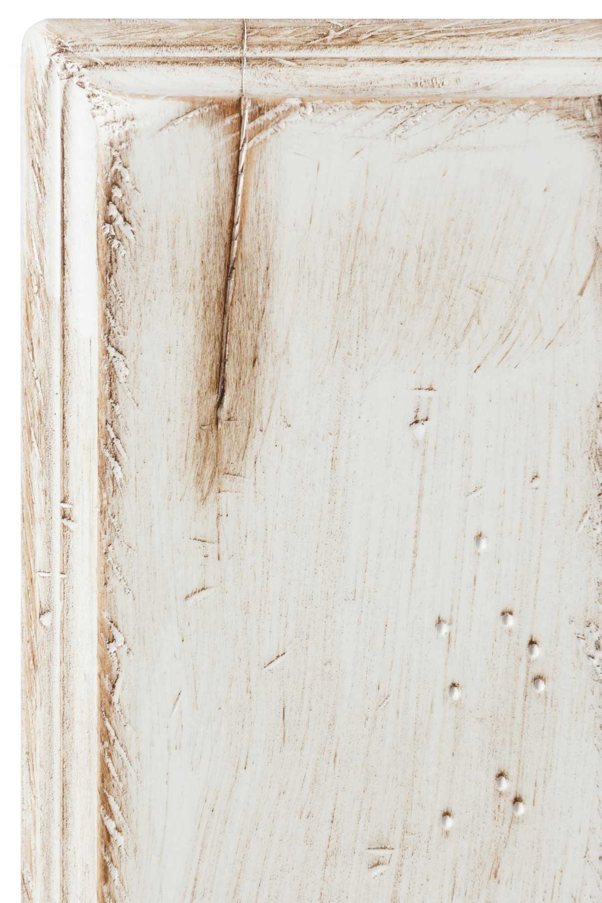 Antiquated White on brown maple, a chalky white painted panel with warm tan showing through sanded edges and worm holes