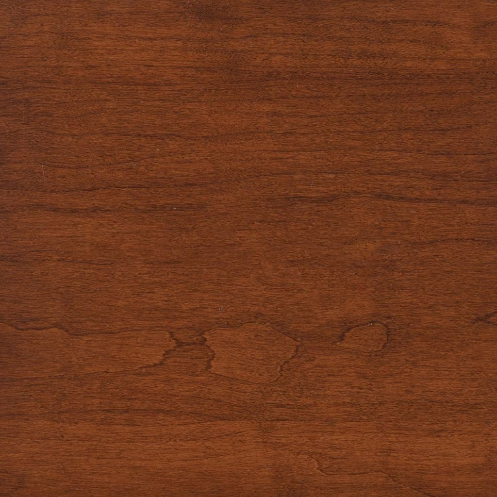 Asbury stain on cherry, a rich warm reddish brown wood sample with smooth close grain and subtle figure