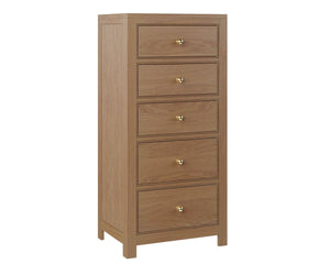 Tall narrow lingerie chest in light oak with five drawers, brass ball knobs and framed panel sides
