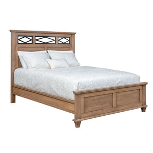 Light almond panel bed with a black diamond iron lattice headboard insert, panel footboard and tapered posts
