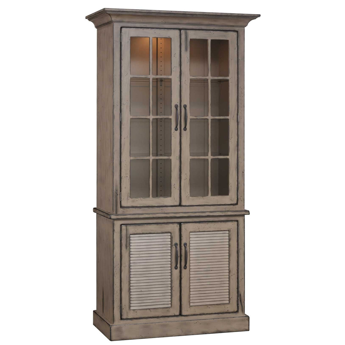 Angled view of the gray two-door china cabinet with crown molding, nine-pane glass doors and louvered lower cabinet