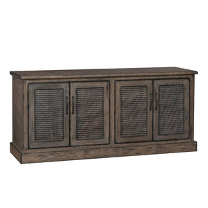 Weathered brown oak four-door sideboard with louvered door panels, iron handles and a stepped plinth base