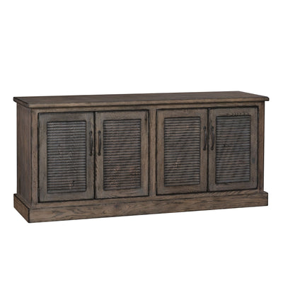 Weathered brown oak four-door sideboard with louvered door panels, iron handles and a stepped plinth base
