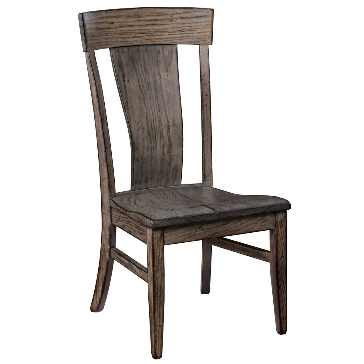 Weathered gray oak lumbar dining chair showing open grain, curved center back panel and scooped plank seat