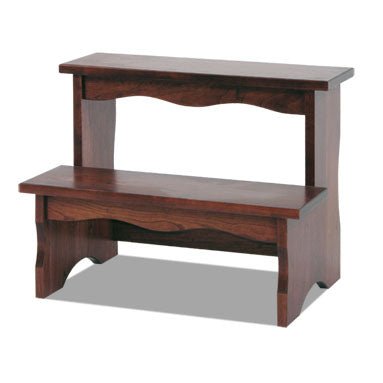 Two step wooden bed steps in a dark cherry finish with scalloped aprons and open riser
