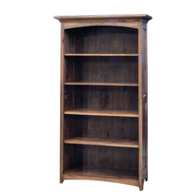 Rustic brown solid wood 72 inch bookcase with five open shelves, arched top and molded crown on white