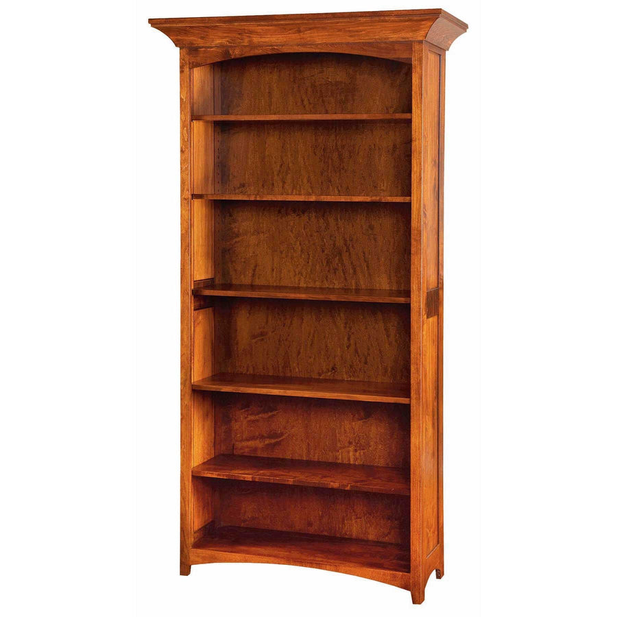 Warm cherry stained 80 inch bookcase with six open shelves, arched back panel and flared crown molding