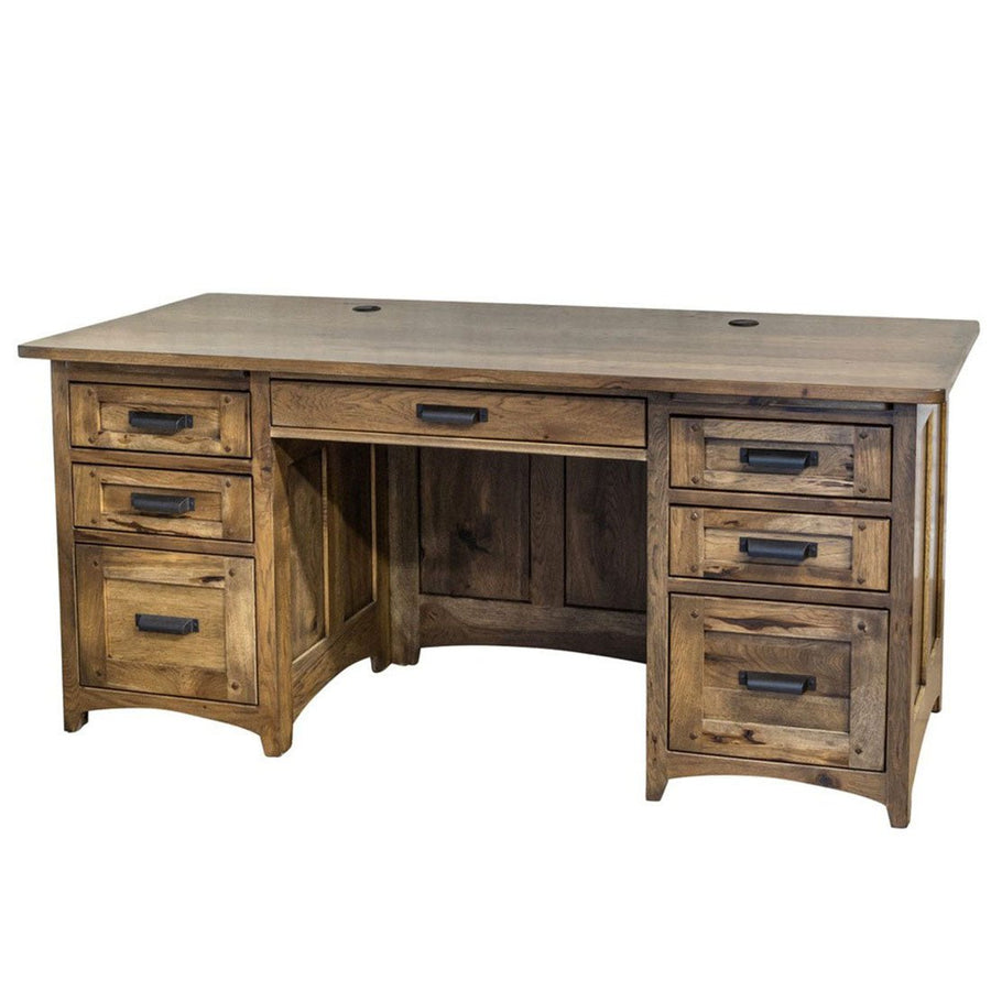 Rustic hickory executive desk with two three-drawer pedestals, curved aprons and black bar pulls on a white background