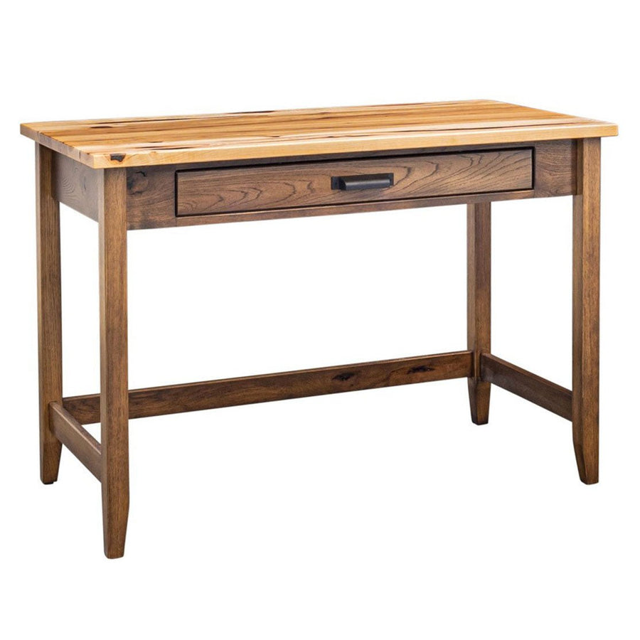 Simple wood table desk with a light natural top, single wide drawer, tapered legs and H stretcher base on white