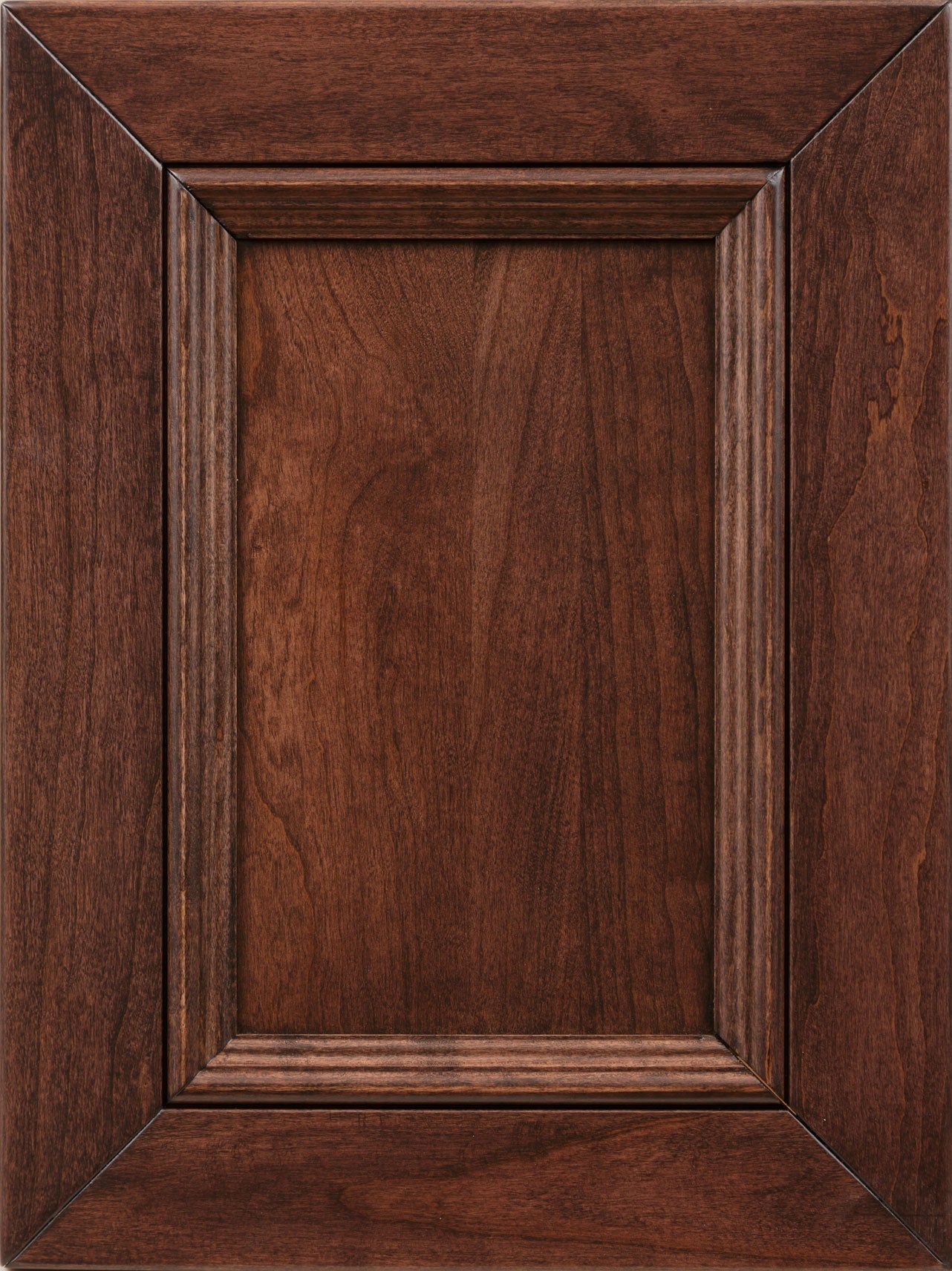Black cherry stain sample on a mitered raised panel door showing a deep reddish brown with straight grain
