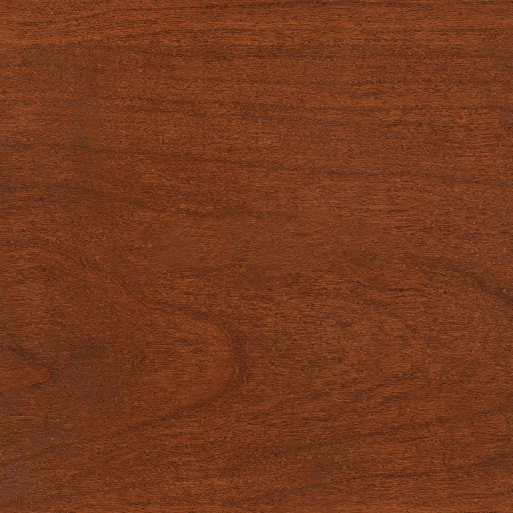Boston stain on cherry, a deep reddish brown sample with smooth flowing grain and a soft satin sheen