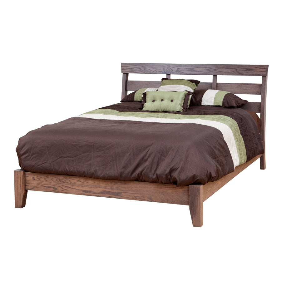 Canterbury slat headboard bed in brown oak with wide horizontal slats, low platform frame and thick block legs