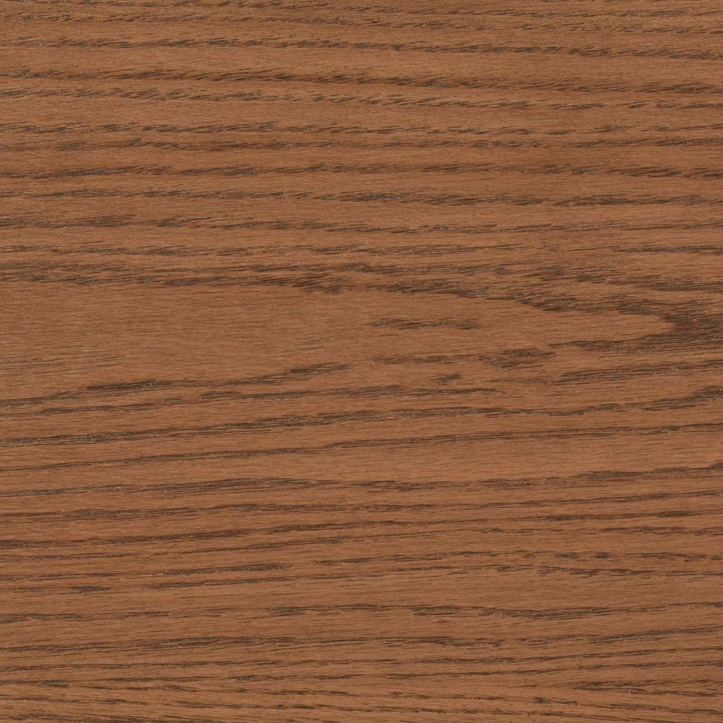 Cappuccino stain on oak, a medium coffee brown swatch with open grain lines running horizontally