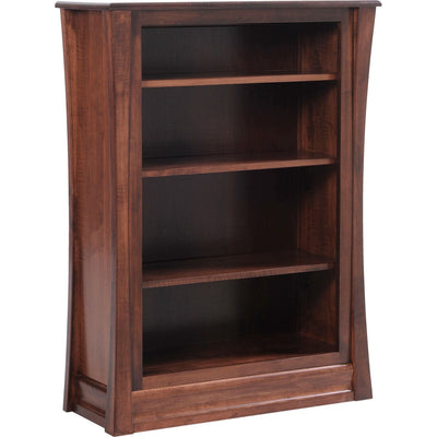 Bookcase in dark cherry finish with three fixed shelves, flared side panels and a molded plinth base