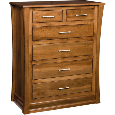 Kid's chest of drawers in medium maple with two small over four wide drawers and curved side panels