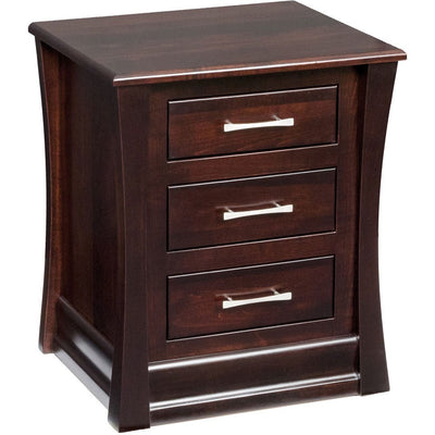 Three drawer nightstand in a dark espresso finish with curved sides, nickel bar pulls and molded base
