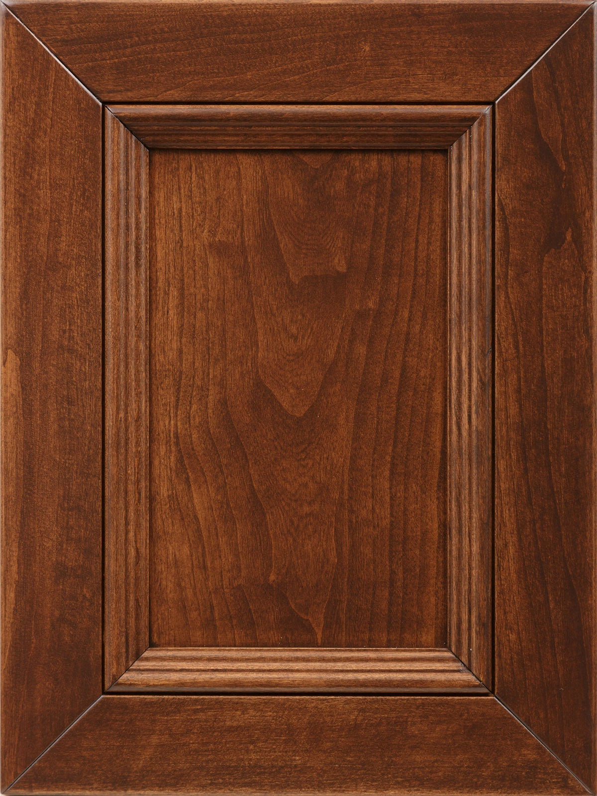 Chocolate stain sample on cherry, a warm dark brown raised-panel door with wide mitered frame and visible straight grain