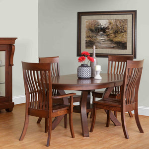Oval expandable pedestal dining table in cherry finish with two arm chairs and two lumbar side chairs