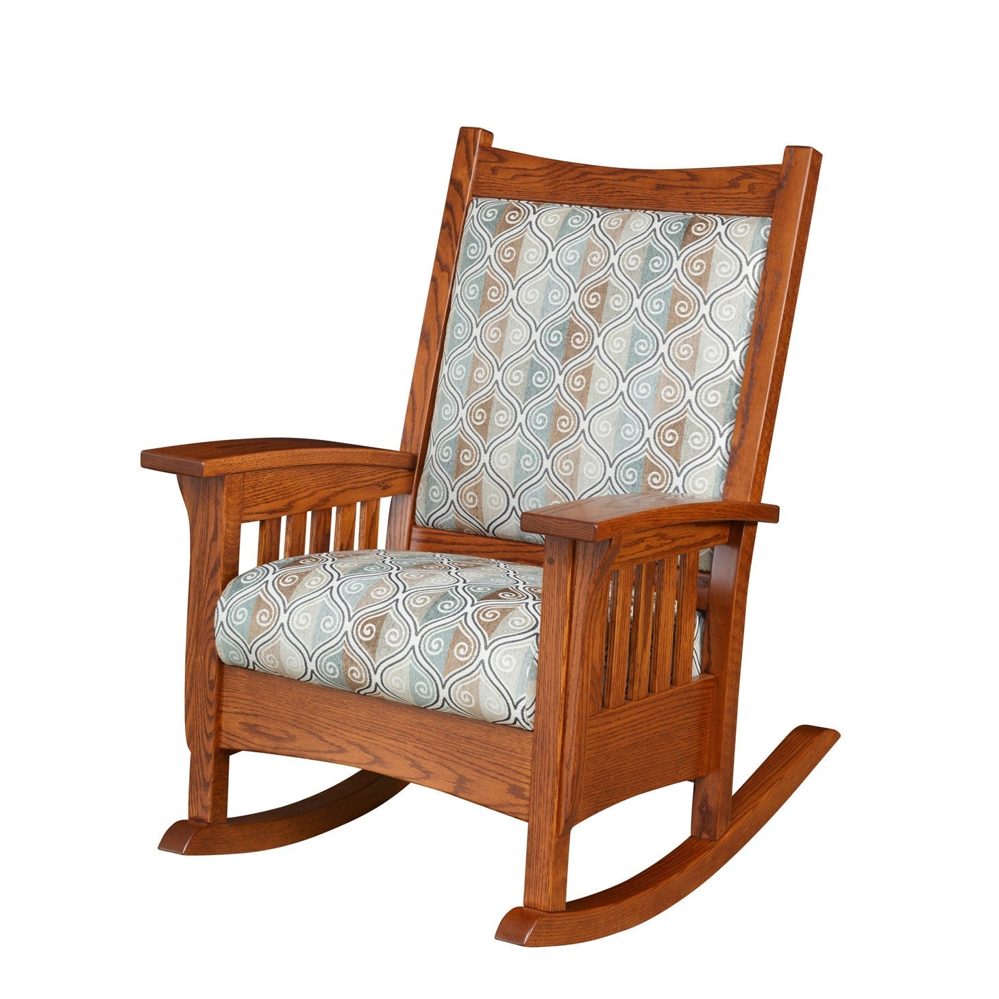 Mission oak rocking chair with tan distressed leather back and seat cushions, slat sides and curved rockers
