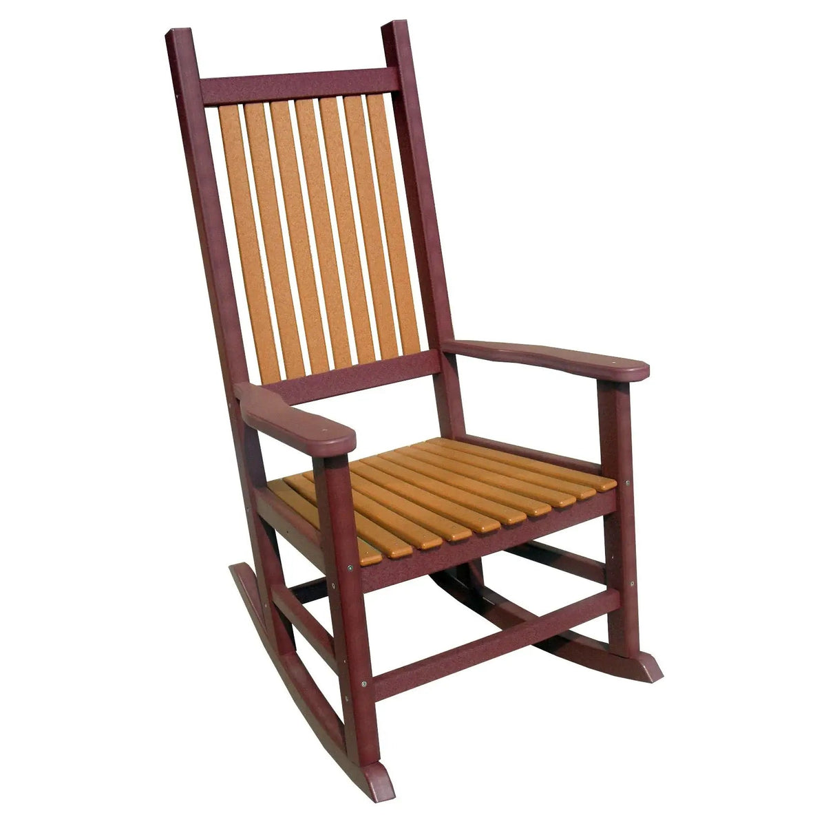 Classic poly porch rocking chair with cherry red frame and cedar toned back and seat slats, on white