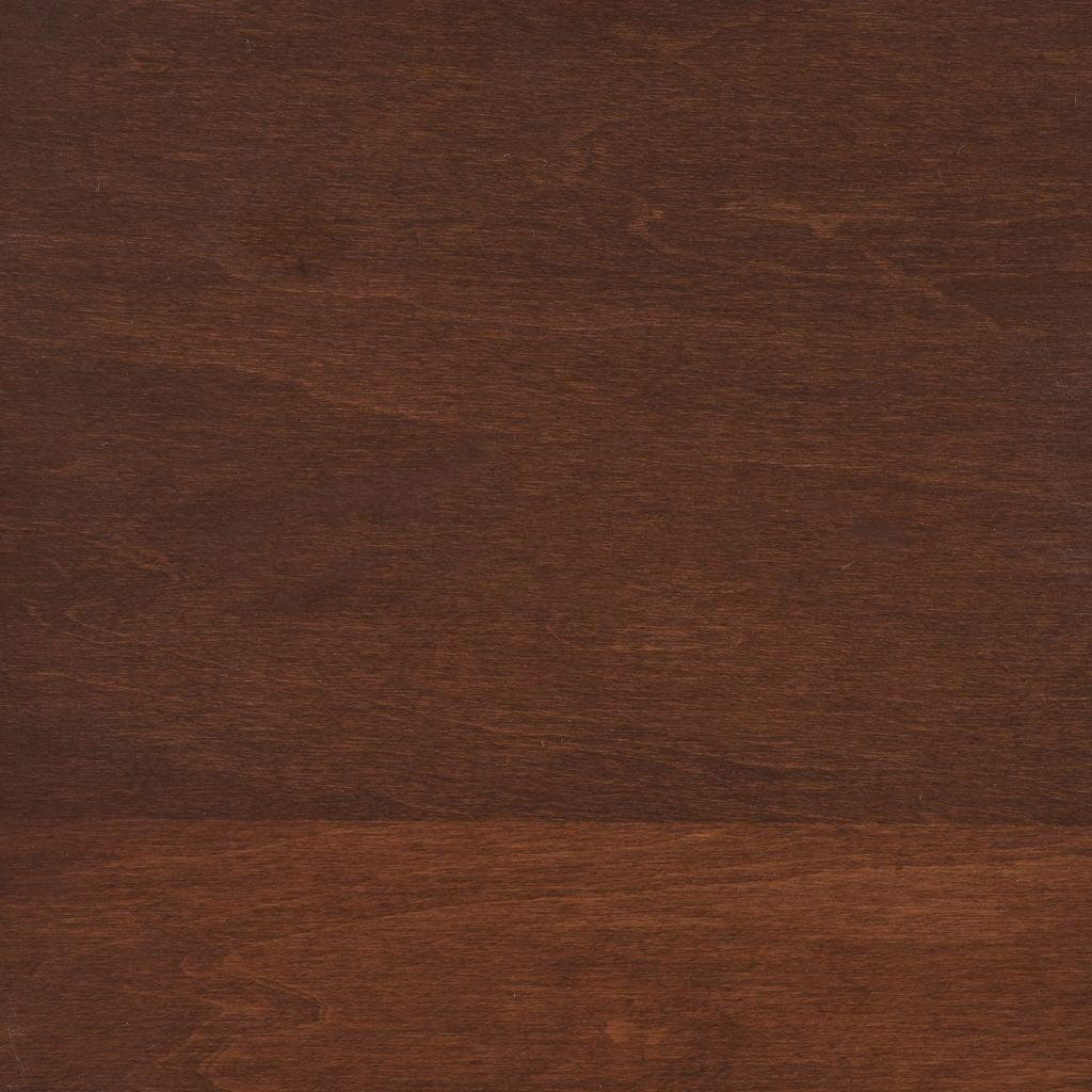 Coffee stain on maple, a deep reddish chocolate brown sample with smooth close grain