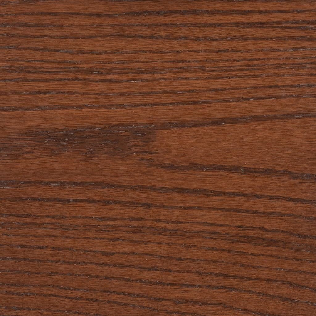 Coffee stain on oak showing warm auburn brown color with bold dark oak grain patterning