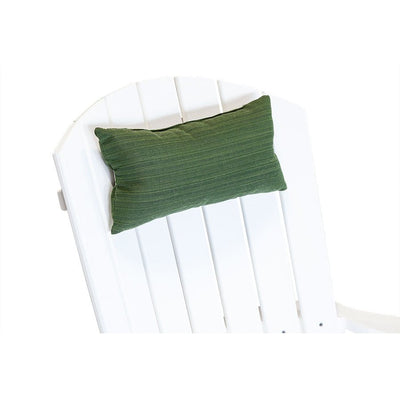 Green Sunbrella neck pillow tied to the curved back of a white poly Adirondack chair