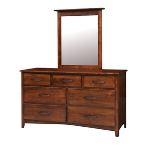 Brown maple seven-drawer triple dresser with black bar pulls and a matching rectangular dresser mirror