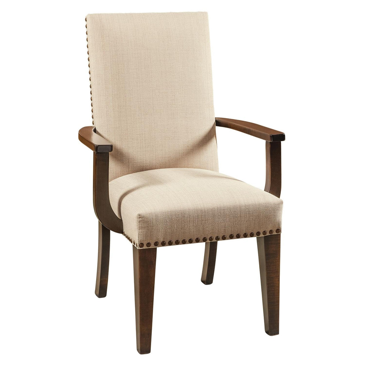 Upholstered dining arm chair in oatmeal linen with brass nailhead trim and dark brown wood arms and legs