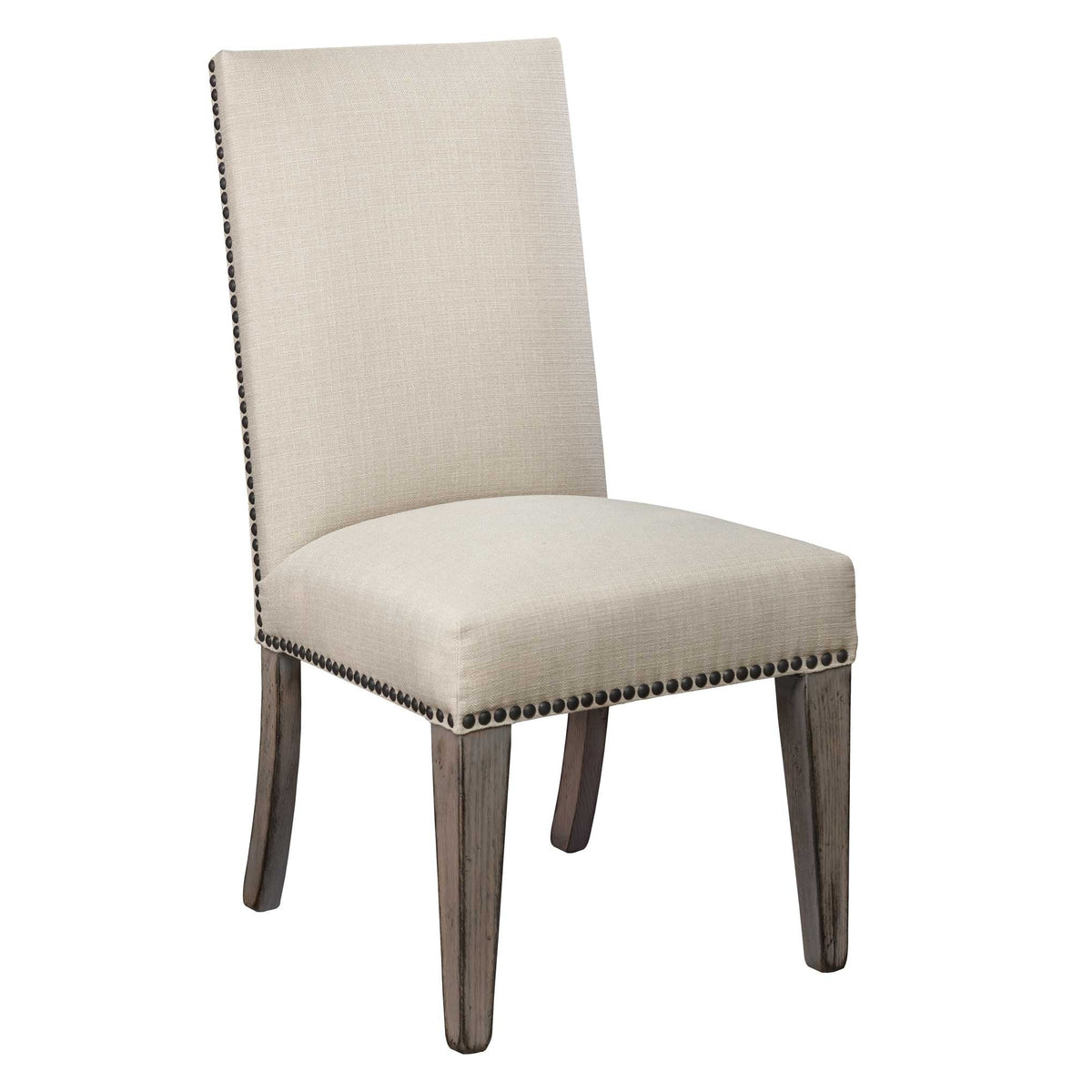 Cream linen upholstered dining chair with tall straight back, full nailhead trim border and weathered gray tapered legs