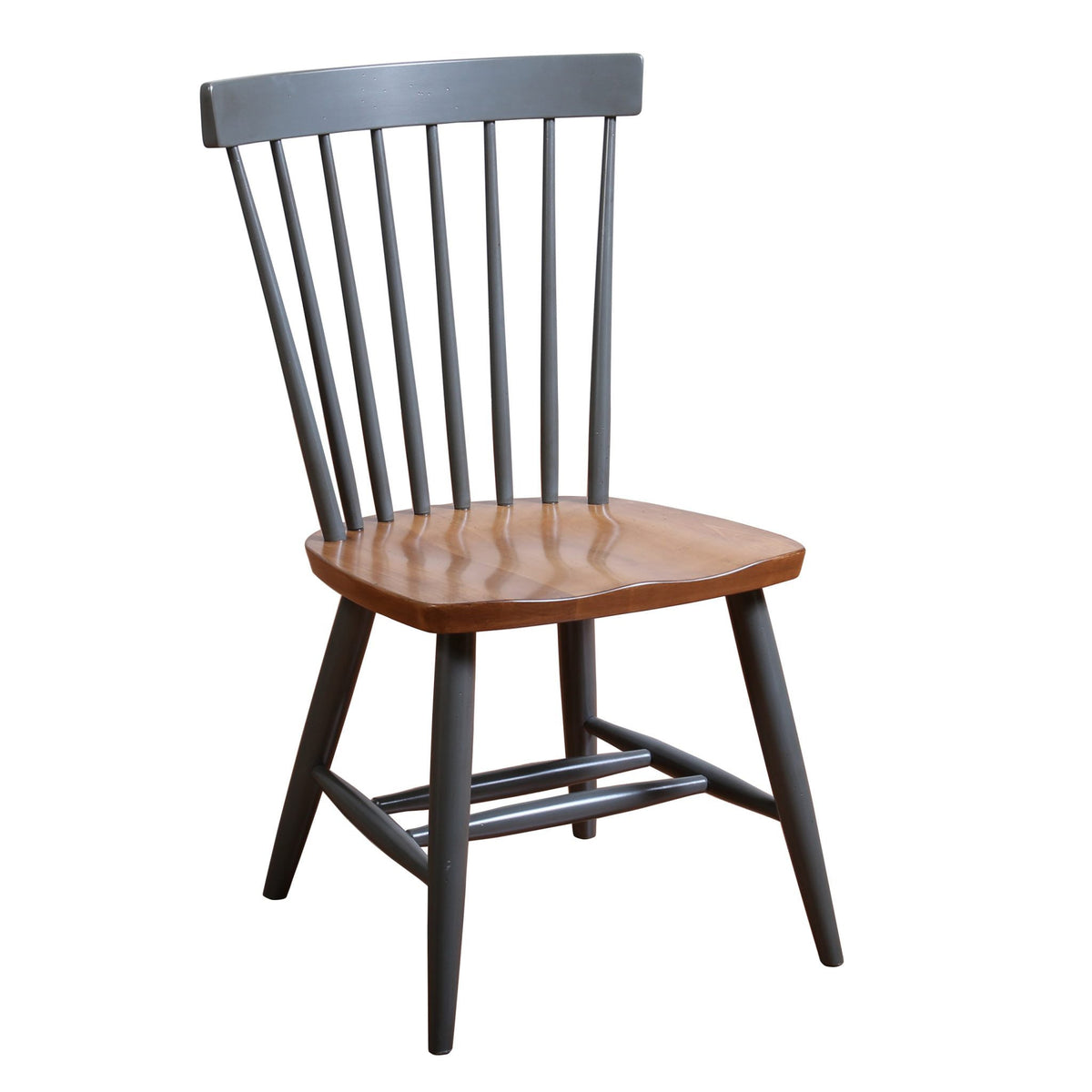 Charcoal painted spindle chair with a natural wood saddle seat, tapered legs and double side stretchers
