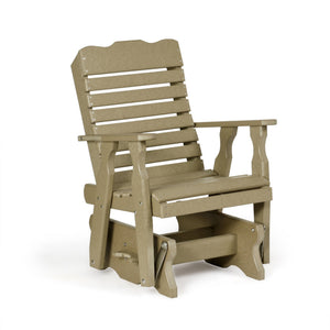 Weathered wood poly curve back glider chair with slatted back, shaped arms and glider base on a white background