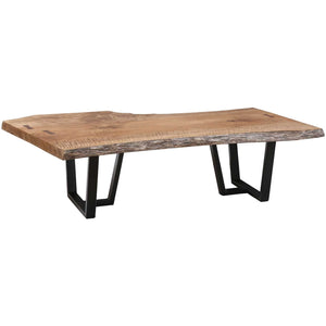 Live edge coffee table with a thick figured slab top, bowtie inlays and double black tripod metal legs