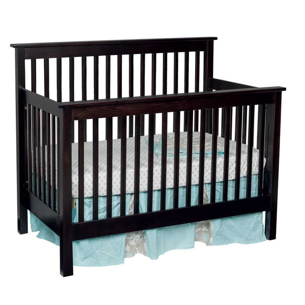 Black espresso convertible crib with straight mission slats, chunky square posts and an aqua crib skirt
