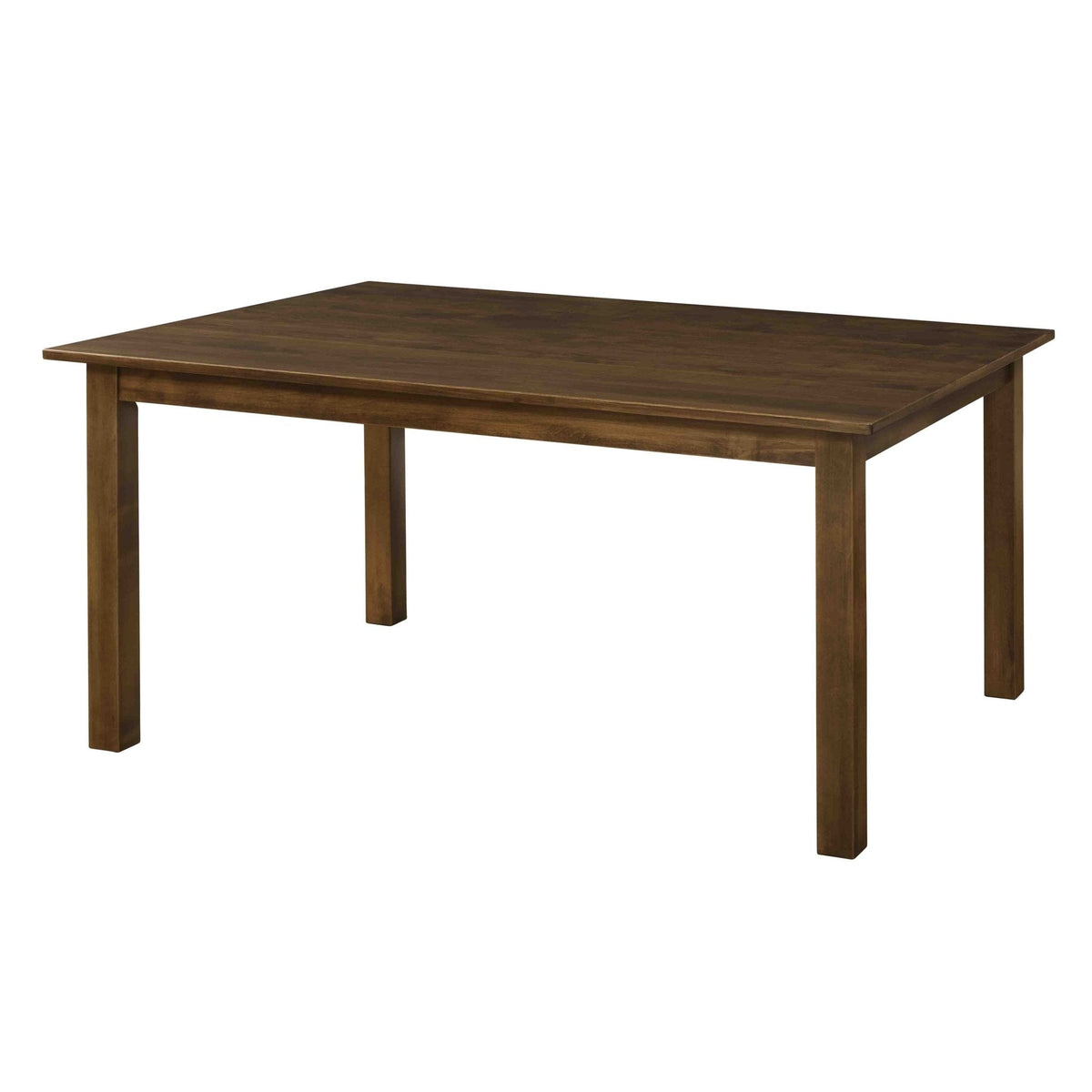 Medium walnut brown leg dining table with clean apron and square tapered legs on a white background