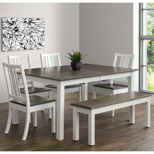 Six piece dining set with white painted table and chairs, gray tops, four side chairs and a long bench