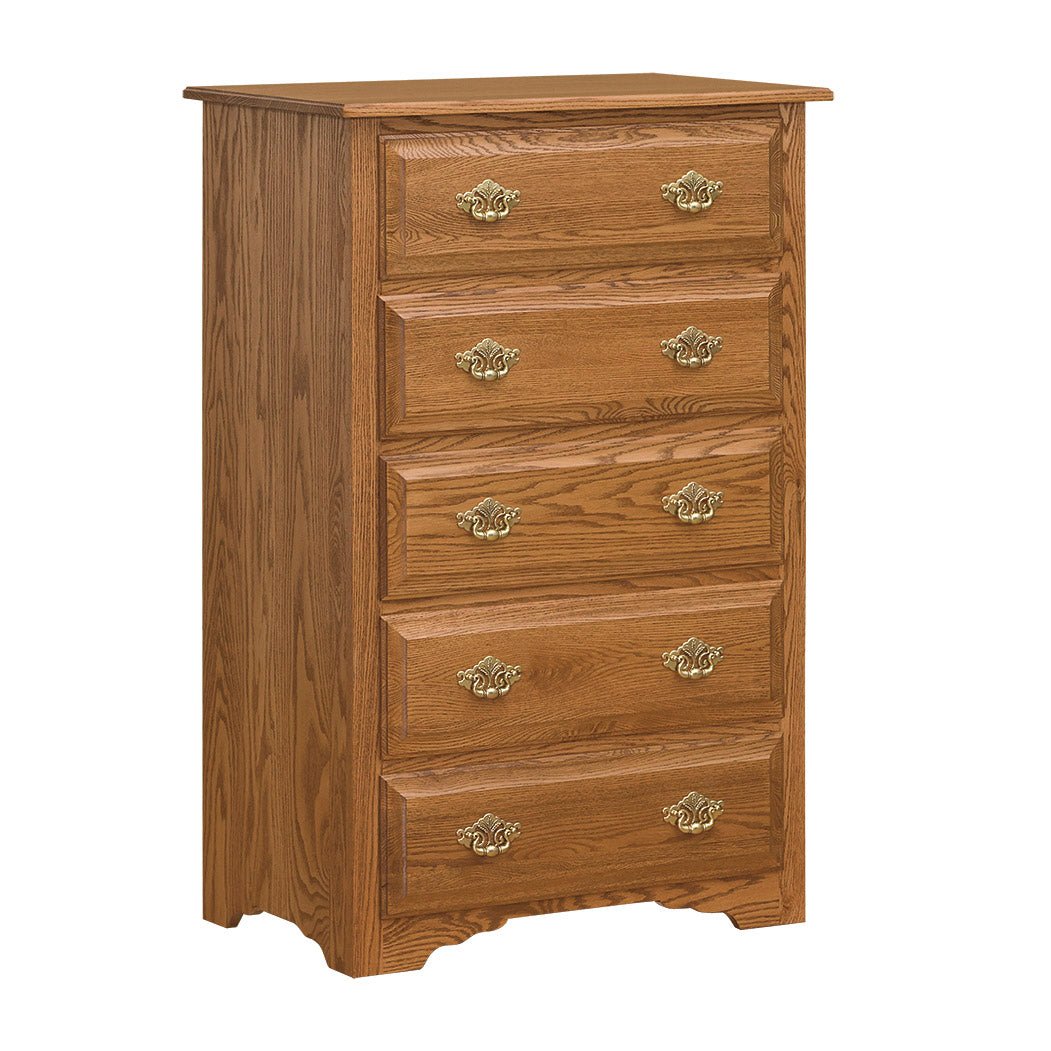 Five-drawer oak chest of drawers with raised panel fronts, ornate brass bail pulls and a scalloped base