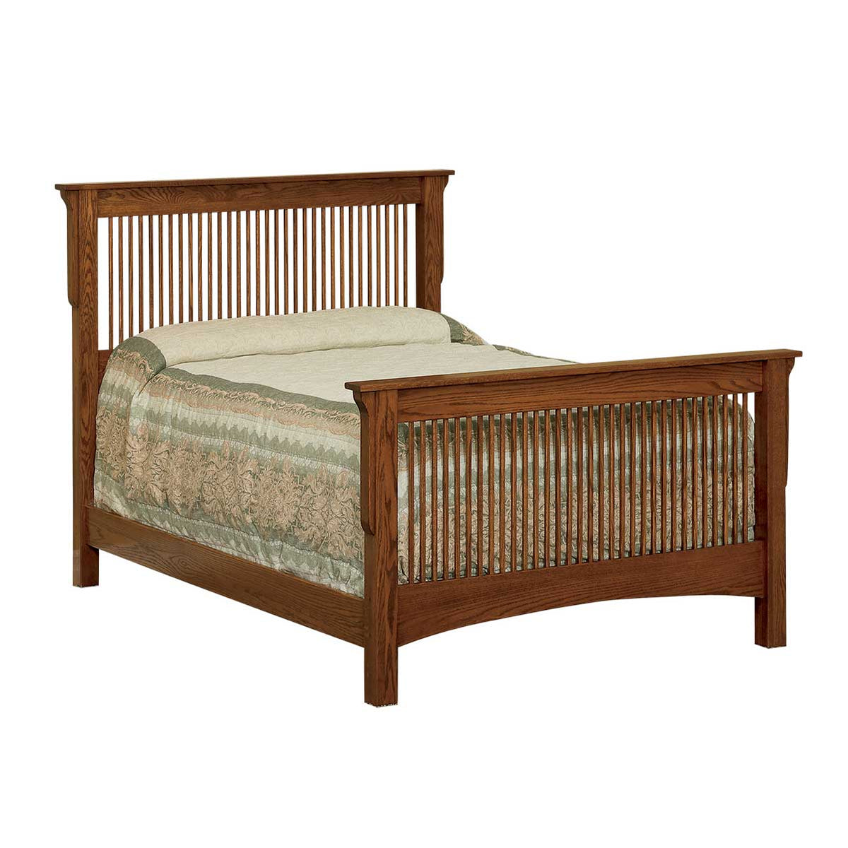 Mission style oak bed with tall vertical spindles in the headboard and footboard and corbel-topped posts